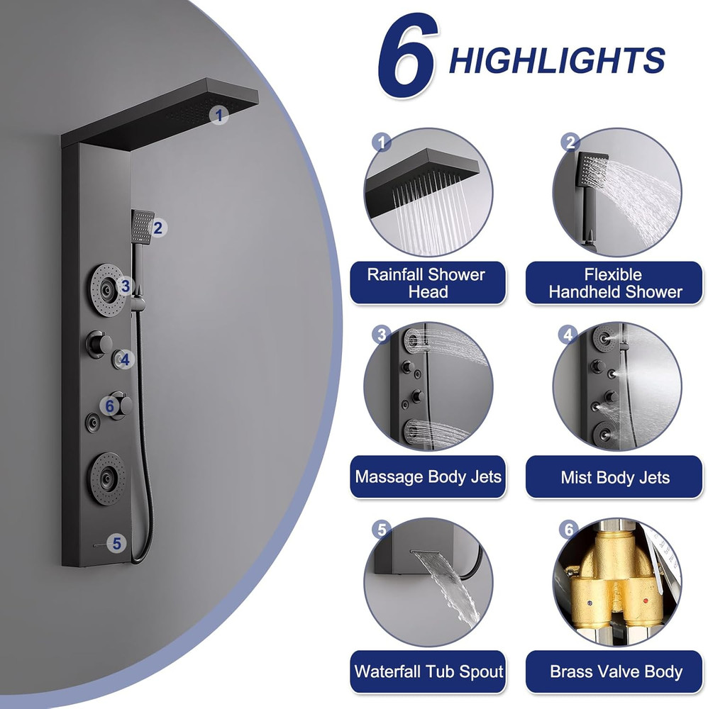 Elegant Matte Black Shower Panel with Rainfall, Jets & Handheld Spout