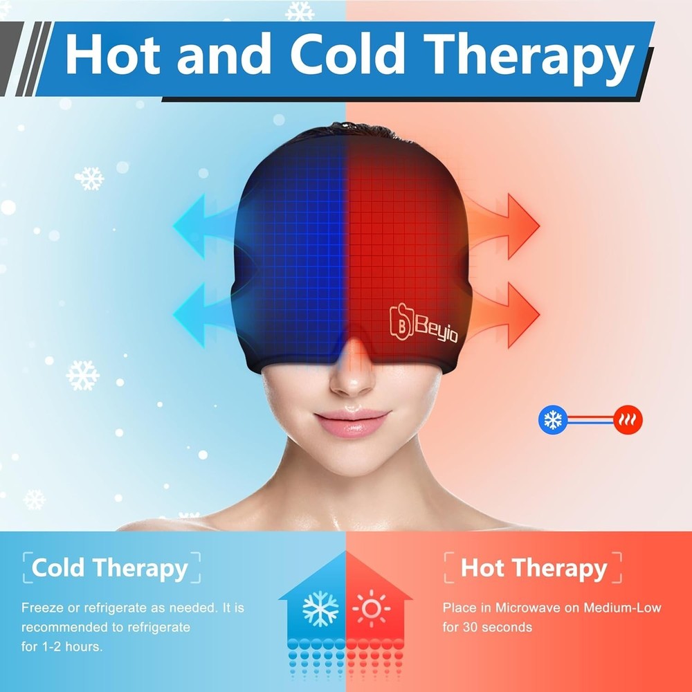Migraine Relief Cap Ice Pack Headache Hat Hot & Cold Therapy Full Head Coverage