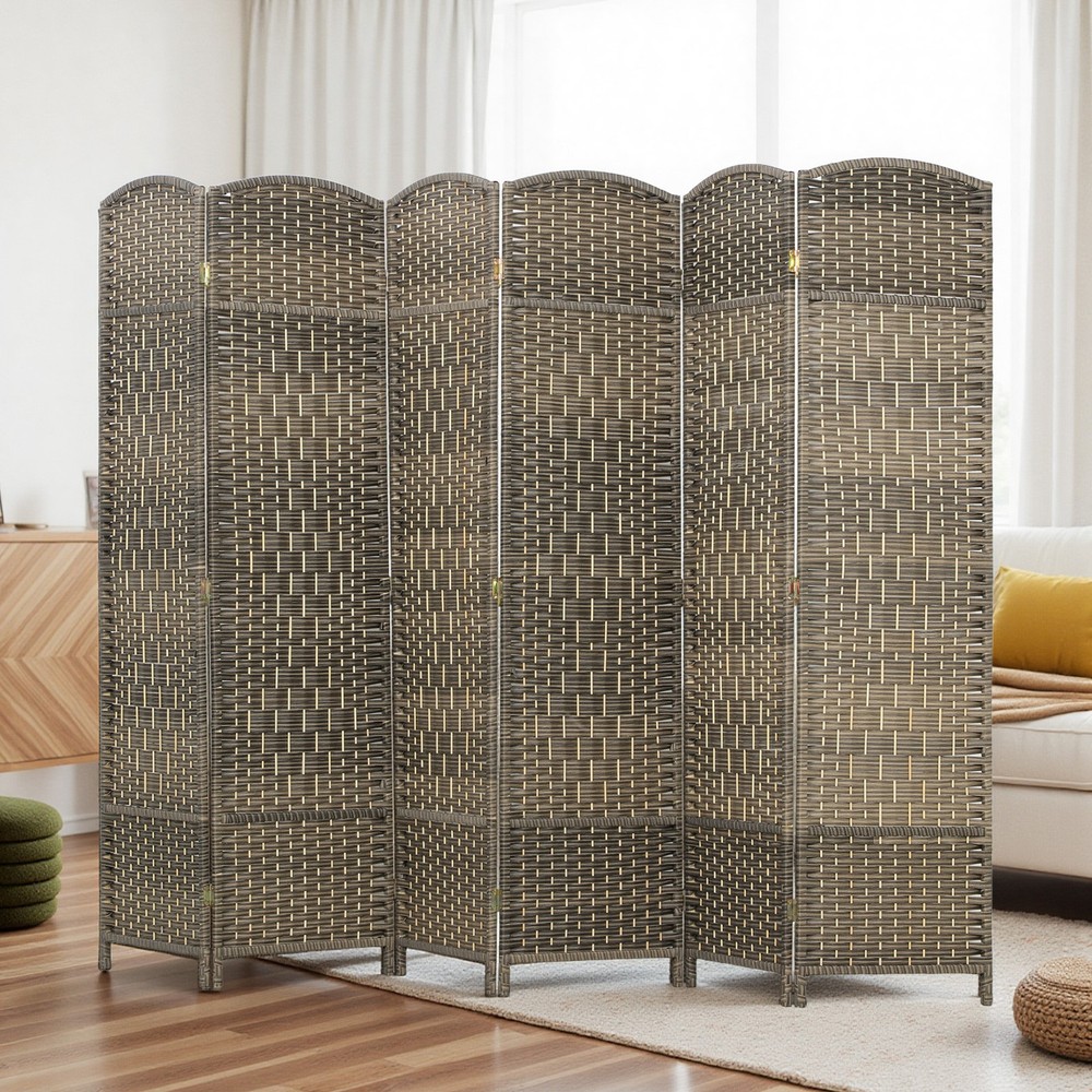 6 Panel Room Divider Hand-Woven Freestanding Partition Dark Rustic Oak