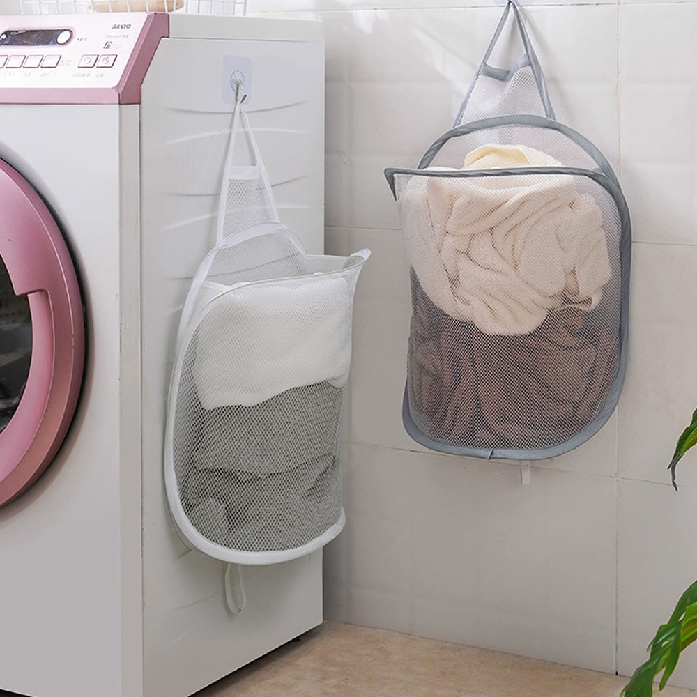 Pop-up Hanging Laundry Hamper Small Mesh Basket 2 Pack Foldable Gray White