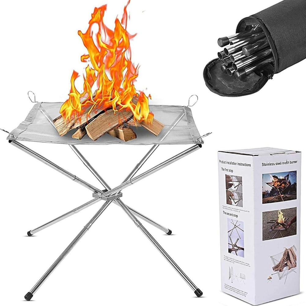 22″Portable Fire Pit for Camping,Large Upgrade Collapsing Stainless Silver