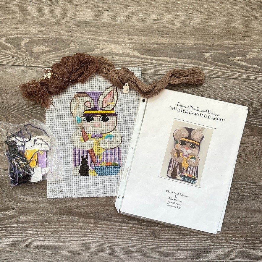 Vintage Damarj "Master Painter Rabbit" Needlepoint Canvas, Threads