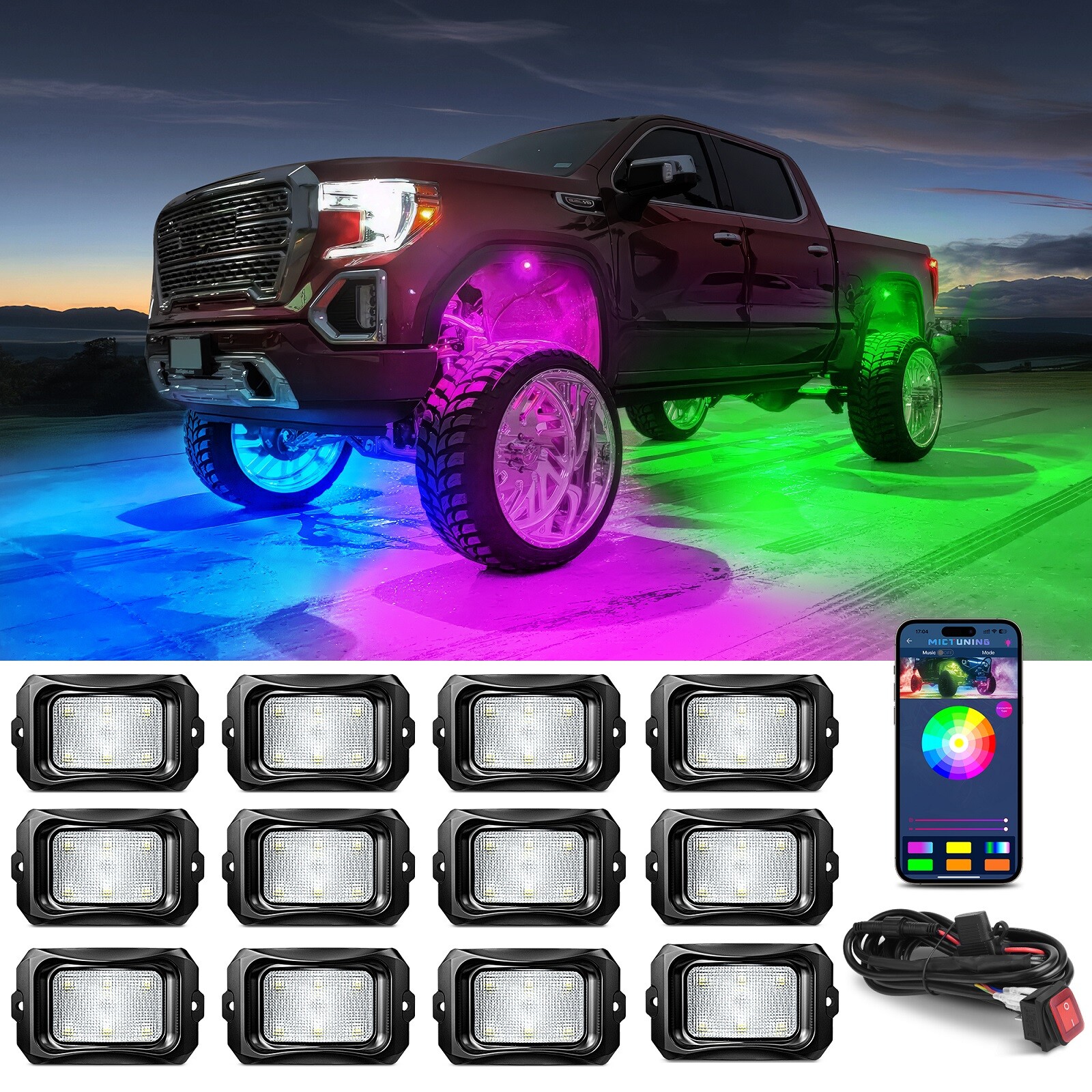 MICTUNING C2 Max RGB+IC LED Rock Lights, Upgrade 12 Pods Chasing Neon Lights Kit
