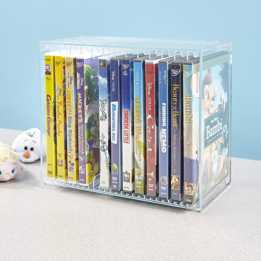 Stackable Clear Plastic DVD Organizer with Rubber Feet | Rectangular Holder Perf