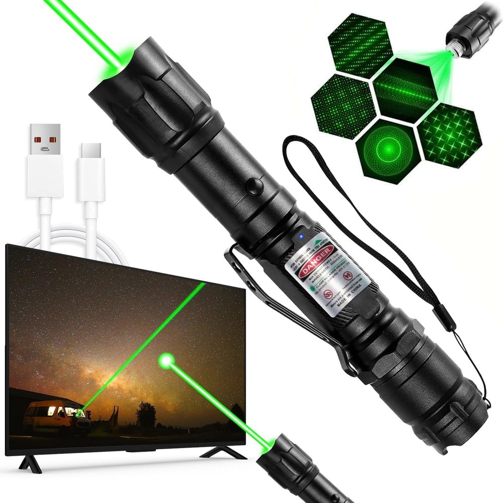Rugged Green Laser Pointer - Long Range with USB Charging and Adjustable Light
