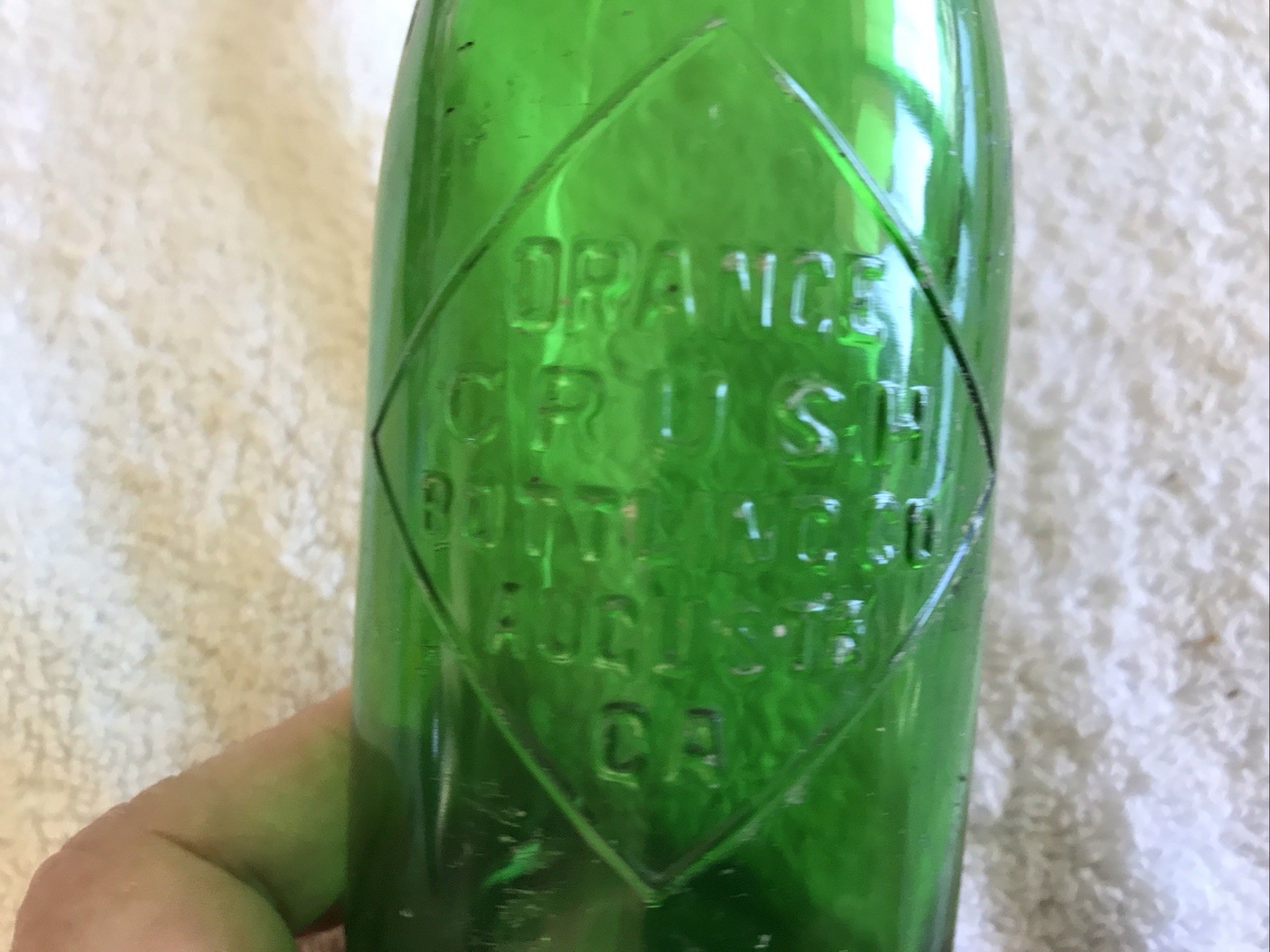 ORANGE CRUSH VINTAGE GREEN GLASS EMBOSSED BOTTLE, AUGUSTA, GEORGIA..RARE