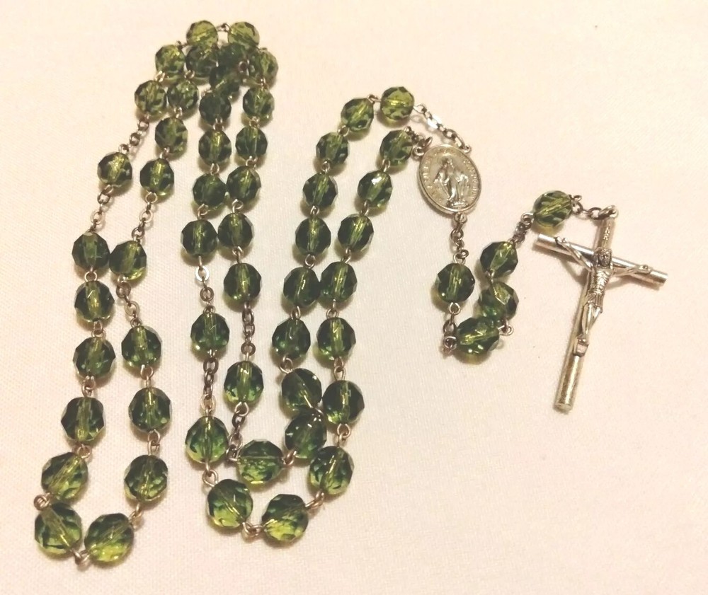 Deep Green Crystal Rosary Virgin Mary Center Marked ITALY