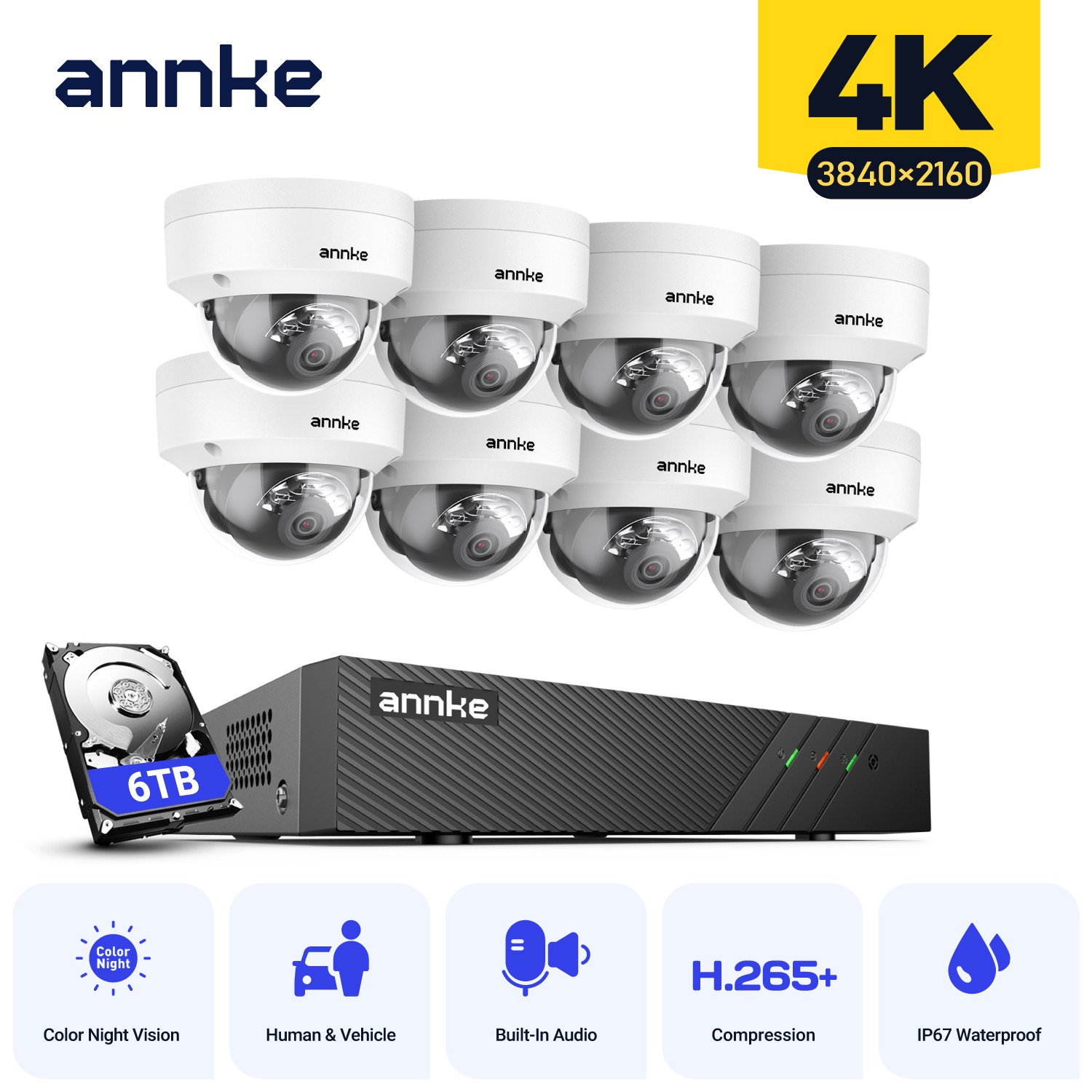 ANNKE 8CH NVR 4K Audio POE Security Camera System Human Vehicle Detection Color