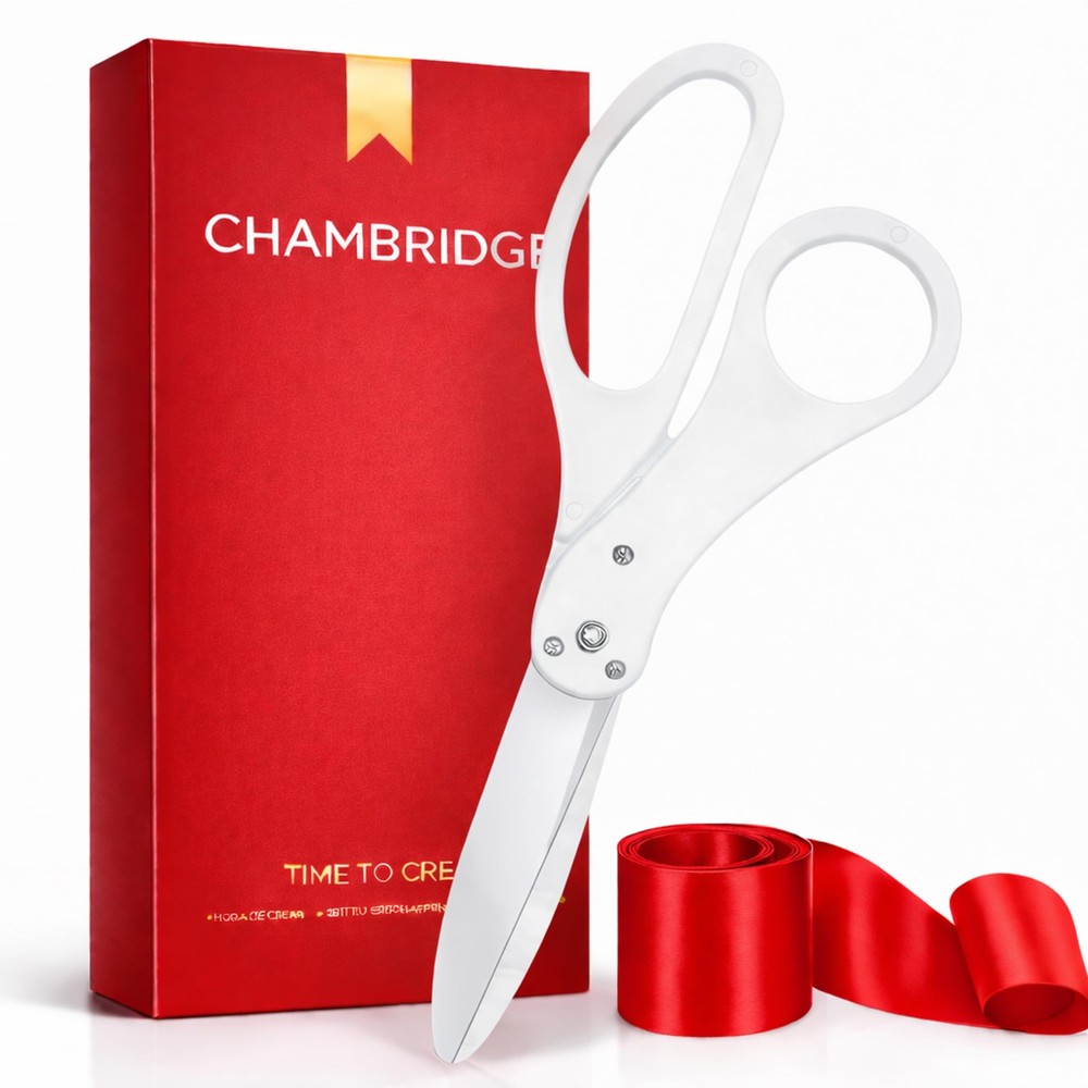 20 Inch White Giant Scissors – Extra Large Ceremonial Cutting Tool with Red R...