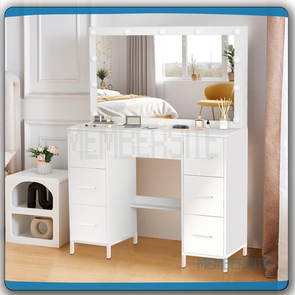 Vanity Desk Set With Large Mirror Makeup Dressing Table w/ 7 Drawers & Bar Pull