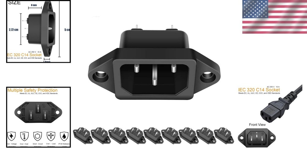 10 Pack AC 250V 10A IEC 320 C14 Panel Mount Plug Adapter Power Connector Socket