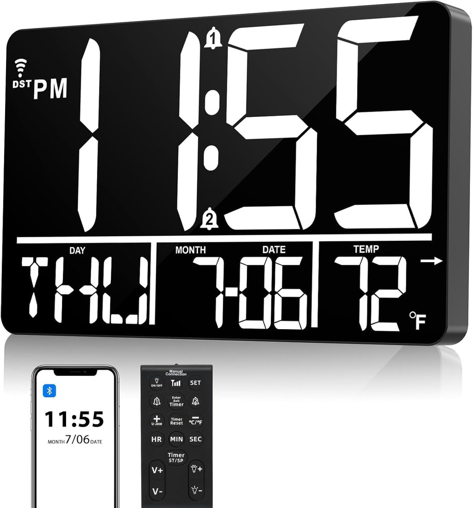 13" Bluetooth Auto Sync Wall Clock - Large Digital Alarm Clock with Remote, 25 R