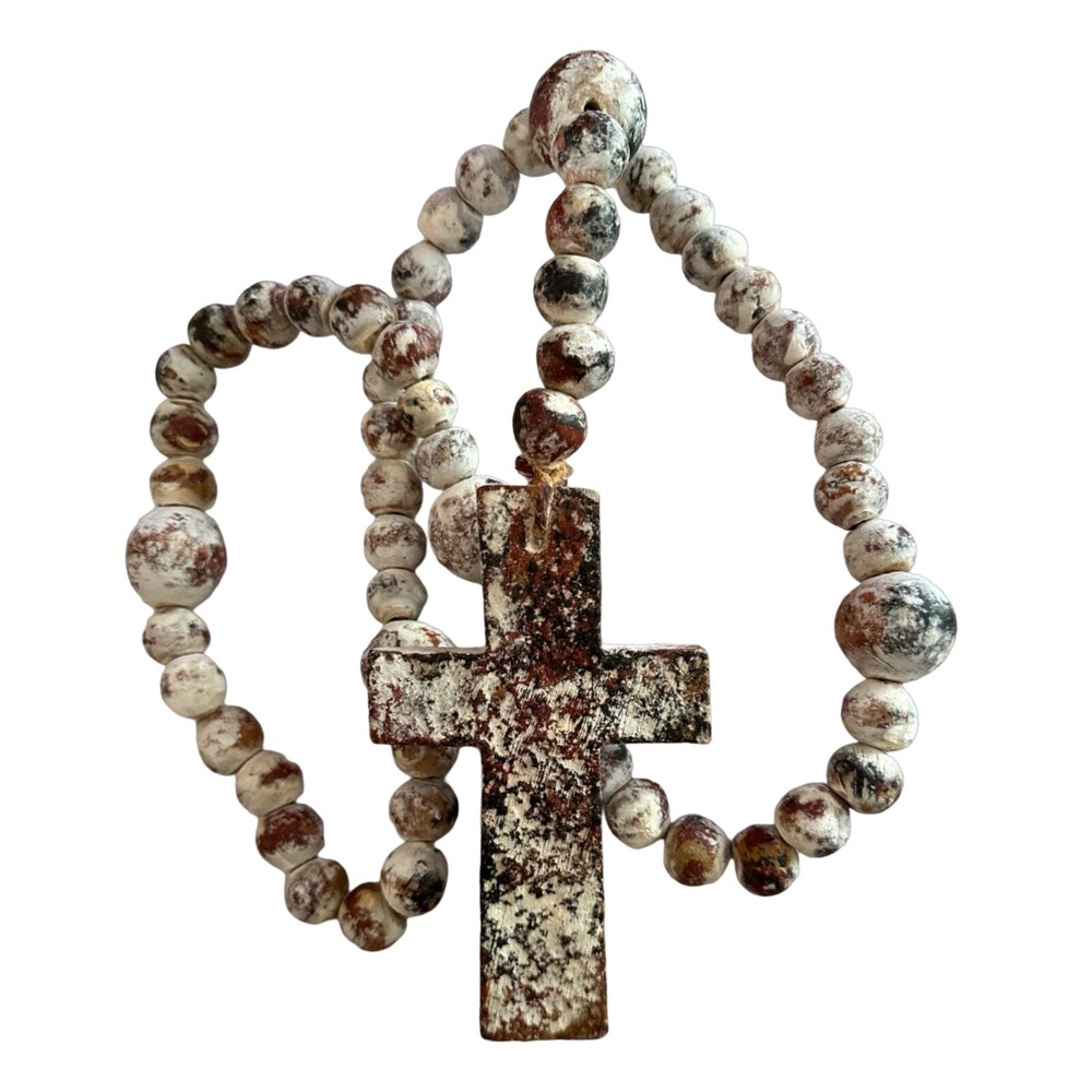 Handmade Stoneware Clay Rosary Cross & Beads 26” Rustic Ranch Home Decor