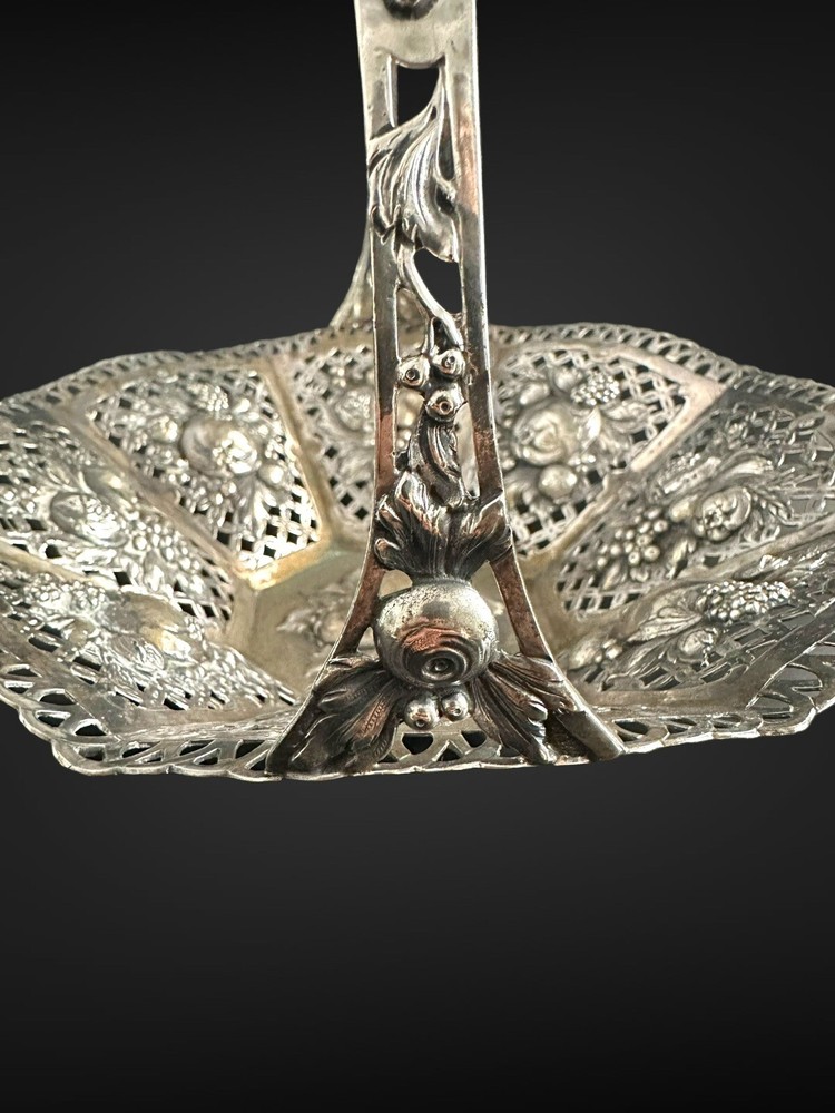 Antique German Solid 800 Silver Repousse Hallmarked Ornate Basket with Handle