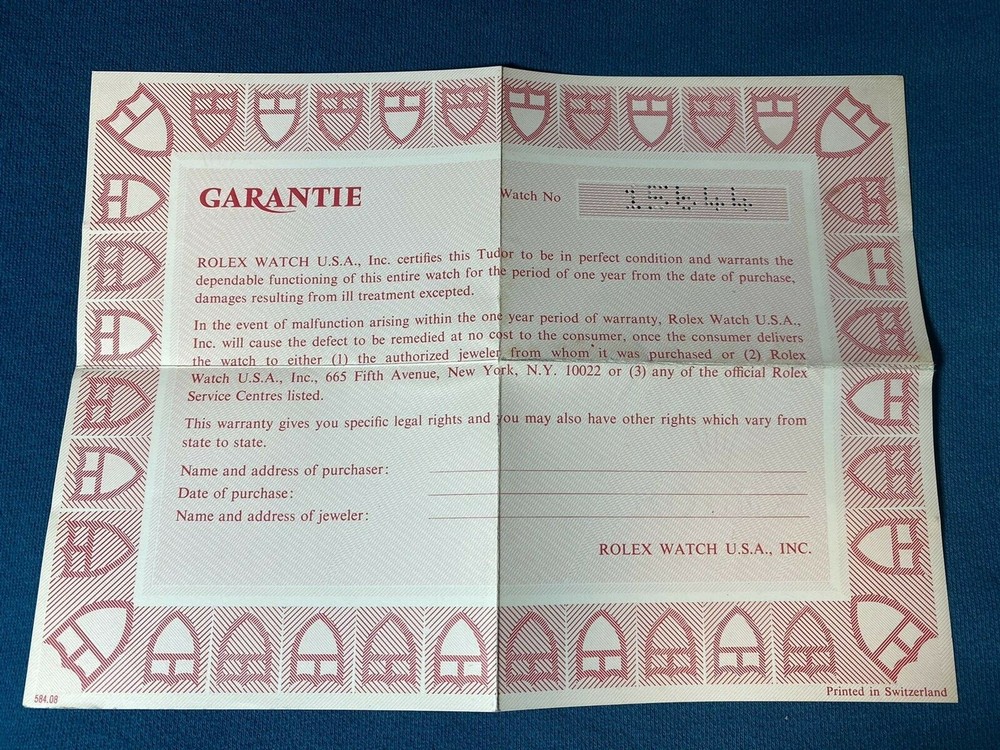Tudor Certificate Guarantee Warranty BLANK