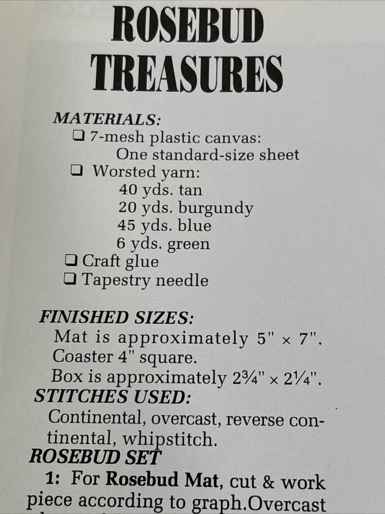 Rosebud Treasures Mat Coasters & Box Annie's Attic Plastic Canvas Pattern Page