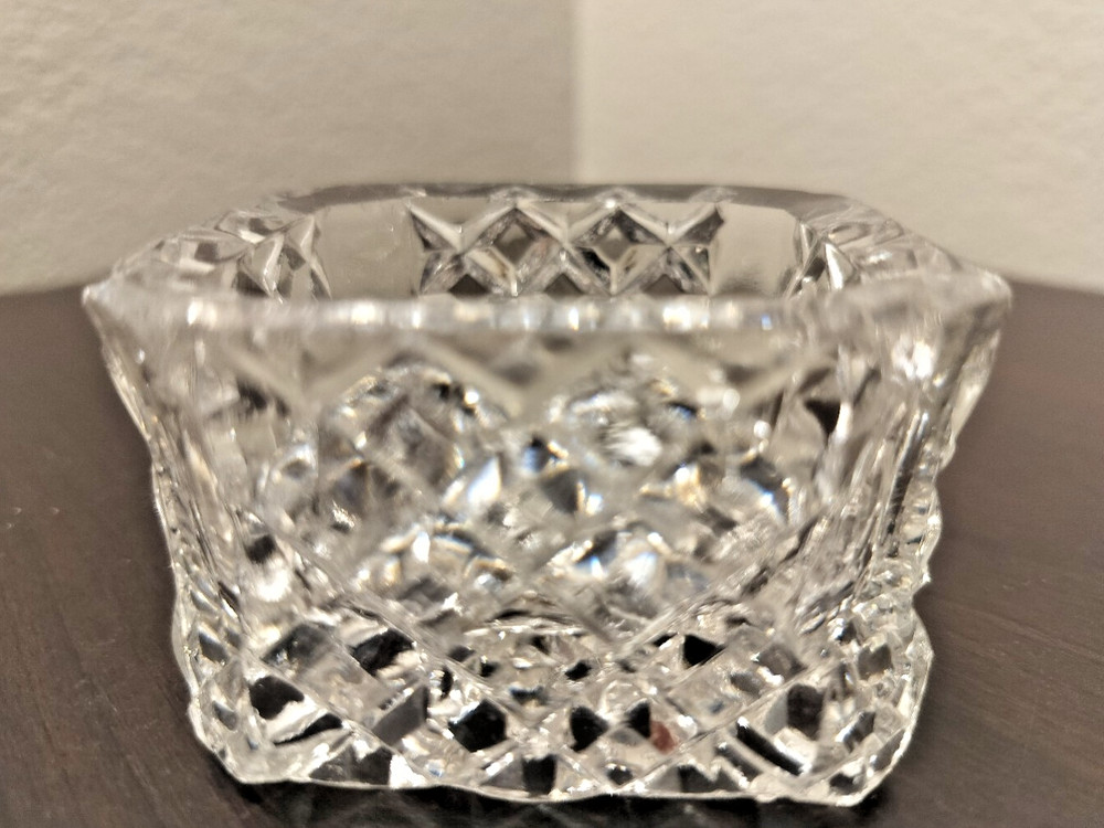 Vintage Pressed Glass Salt Cellar Dish Square Cut Pattern Small Condiment