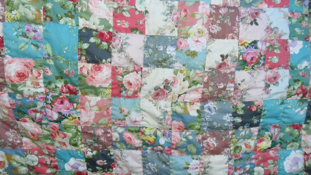 Hand Quilted Patchwork Lap Quilt Multicolored Pink & Red Roses