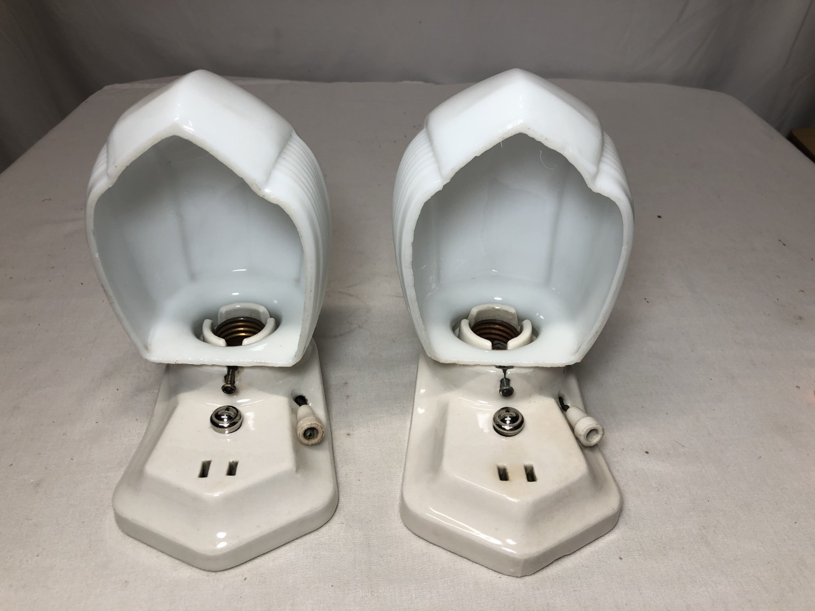 Antique Porcelain Wall Sconce Pair Vtg Light Fixture Ceramic Bath Art USA #L24