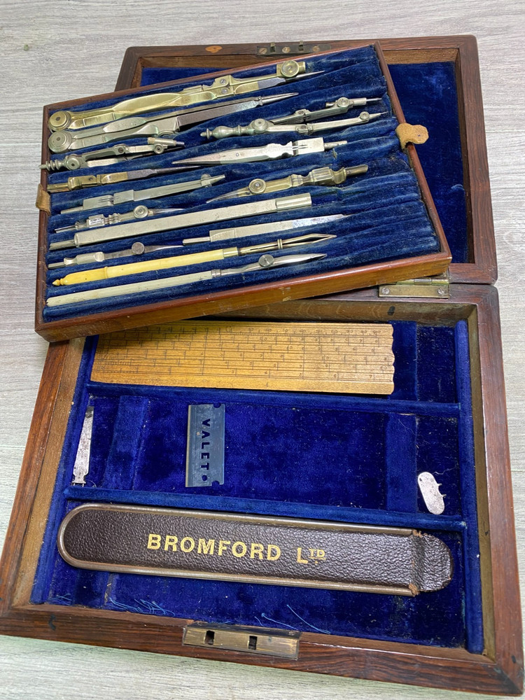 Vintage Engineering Draughtsman Set Technical Drawing Instruments Wooden Case
