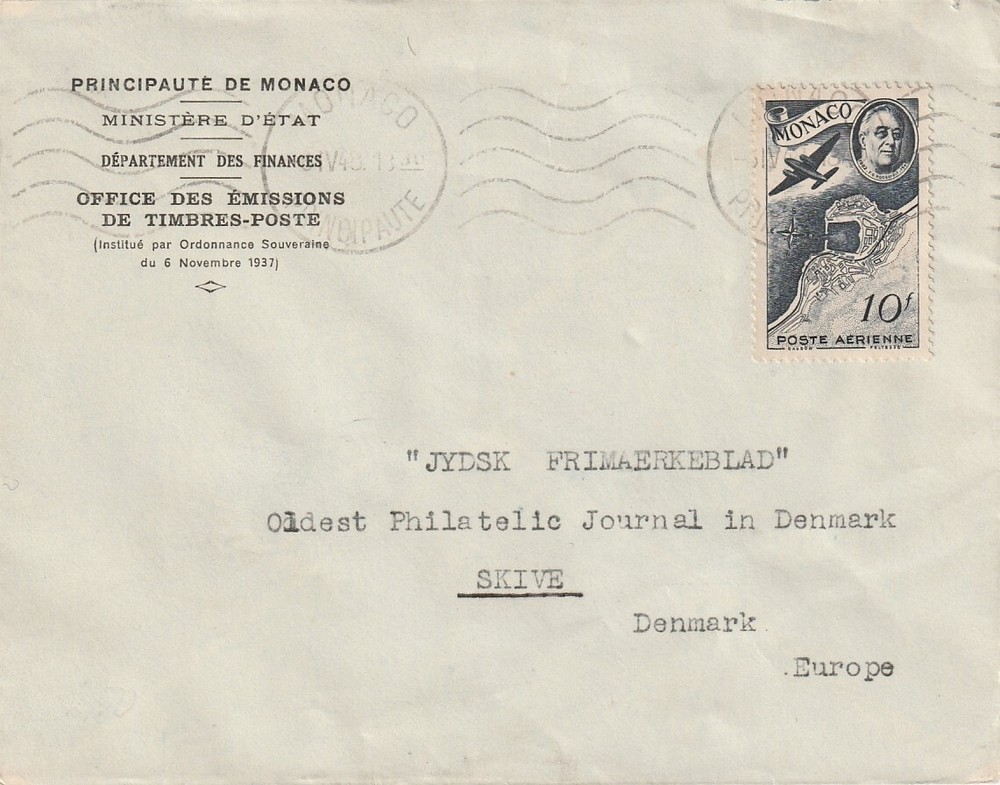 MONACO: Cover to Denmark 1948.