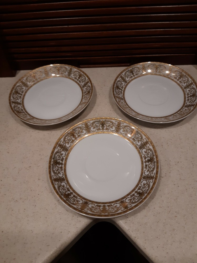 3 Royal Vienna Saucers Gold trim Pattern