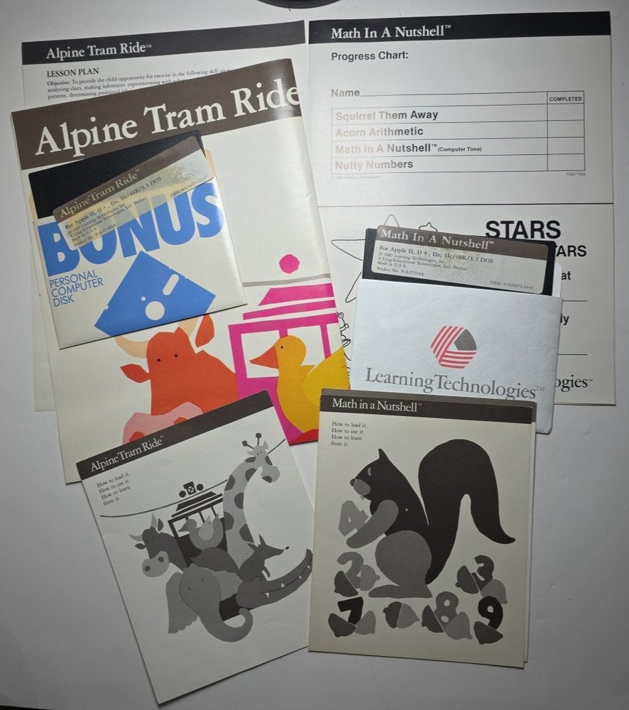 Apple II IIe "Math in a Nutshell" and "Alpine Tram Ride" educational software