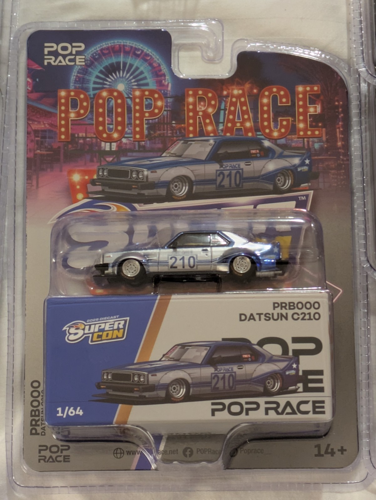 Datsun C210 2026 Pop Race Las Vegas Diecast Supercon Exclusive Silver & Blue