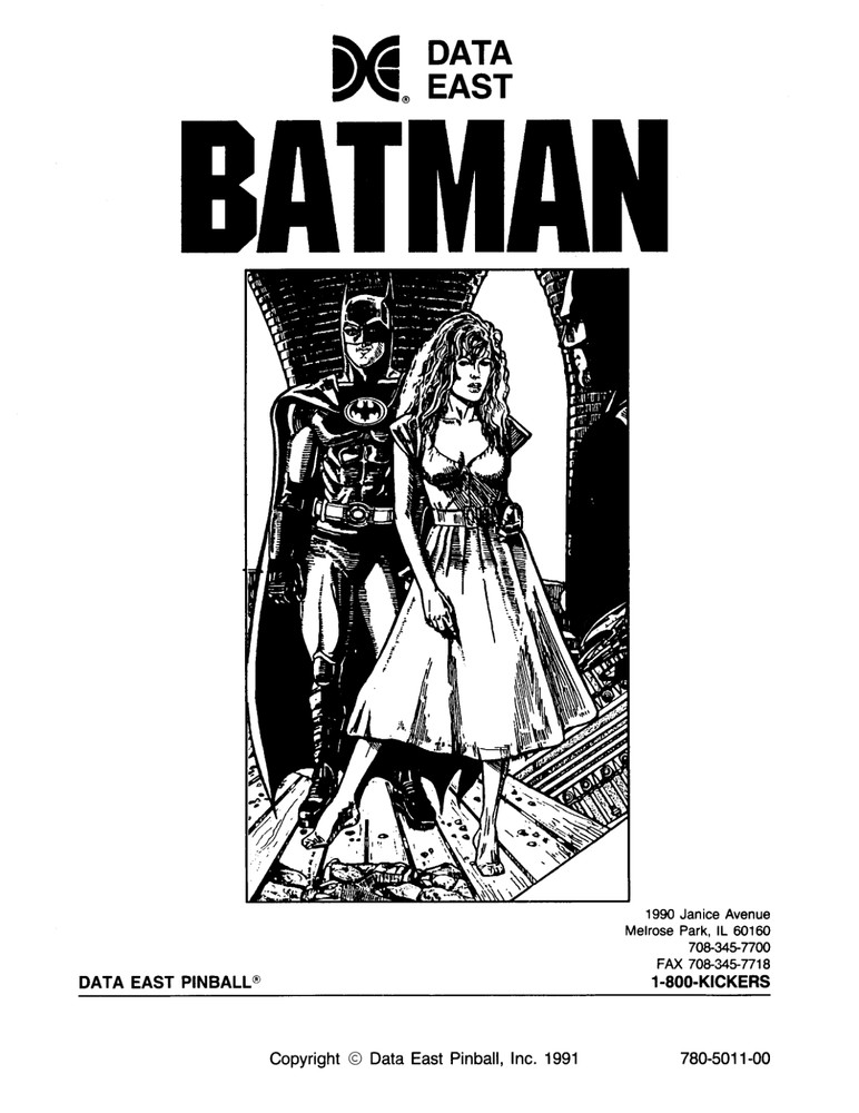 Data East BATMAN Pinball Machine Operations Manual: 70 Pages Copy