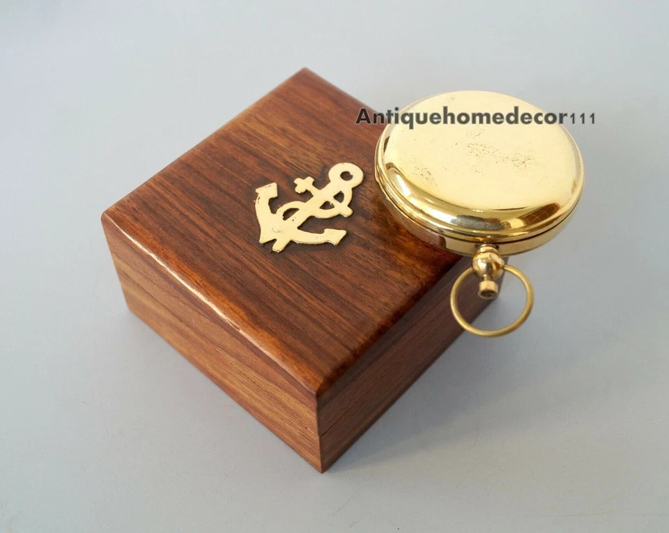 Handmade Brass Push Open Compass with Rose Wood Case, Pocket Compass