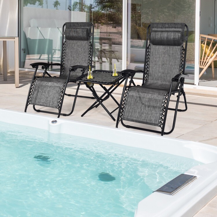 3 Pieces Folding Portable Zero Gravity Reclining Lounge Chairs & Side Table Set