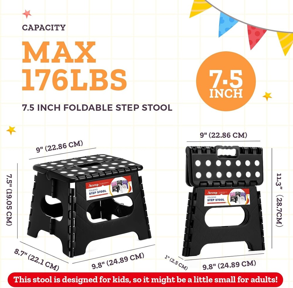 ACSTEP 7.5" Folding Step Stool Kids 176lb Capacity Black Plastic Collapsible