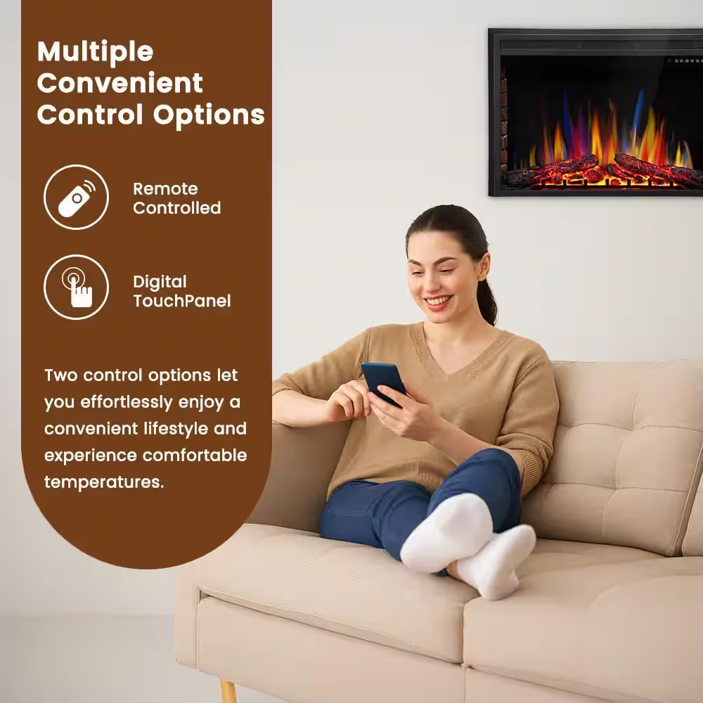 39 In. Ventless Electric Fireplace Insert, Remote Control, Adjustable Led Flame