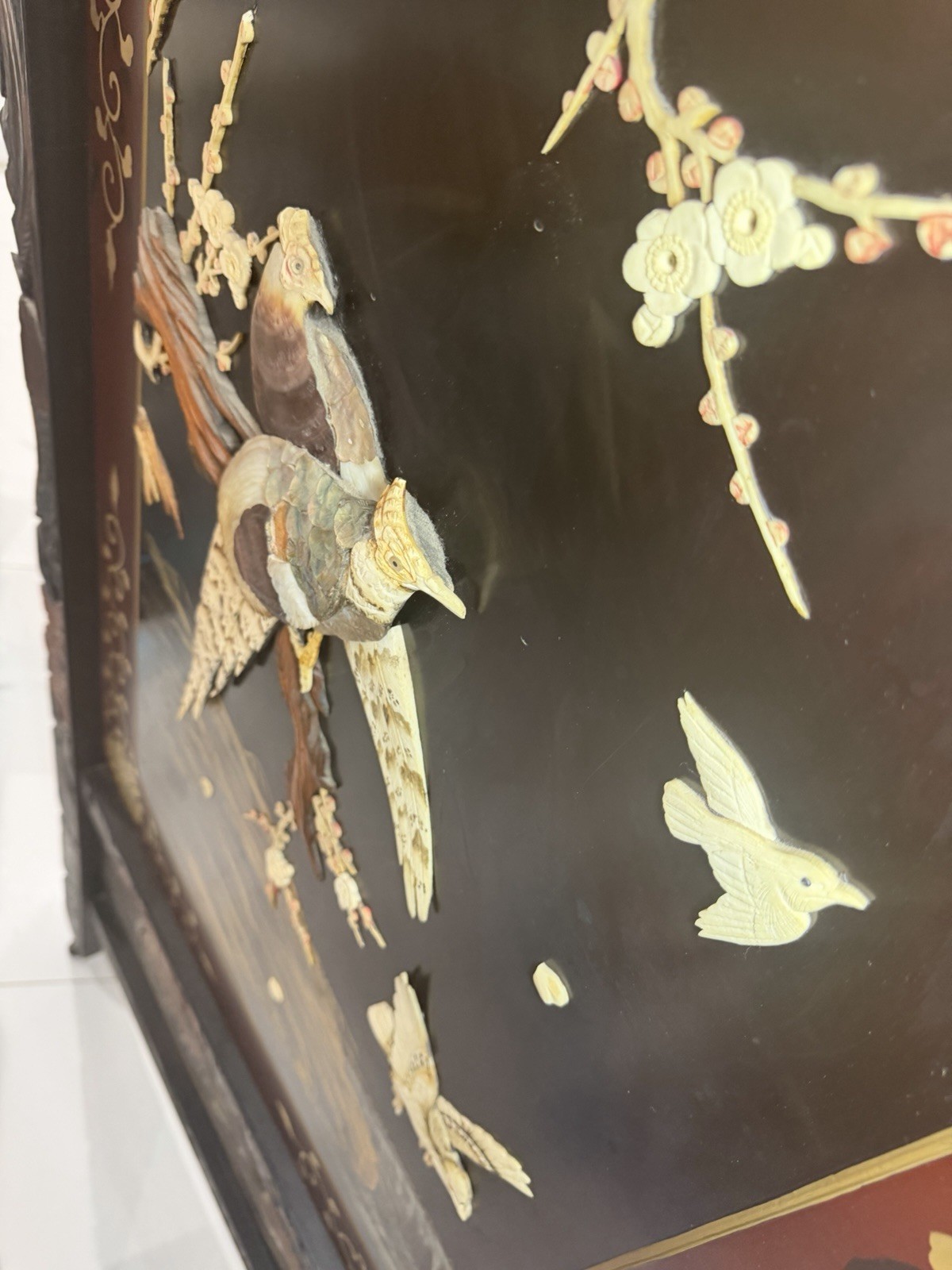 Asian Style Hand Painted Carved Wood Room Divider Birds & Flowers