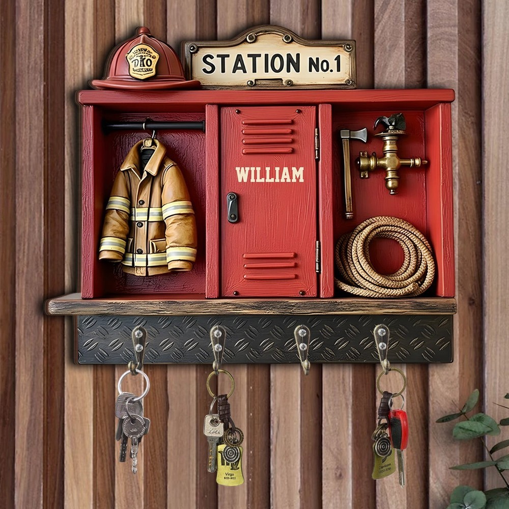 Personalized Firefighter Key Holder, Fire Station Wall Hooks Custom Name Decor