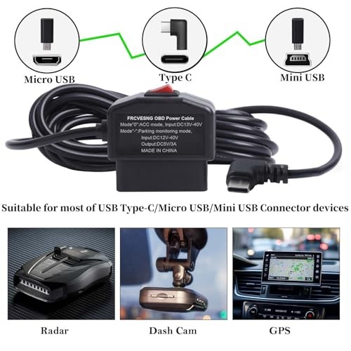 OBD Power Cable for Dash Camera, OBD to Type C Dash Cam Hardwire Red Button