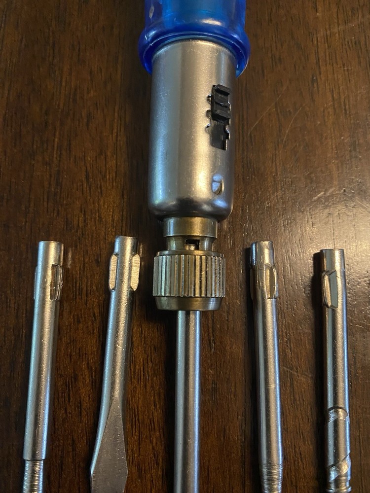 Vintage Ratcheting / Reversible Multi Bit Storage Handle Screwdriver - 7 Pc.