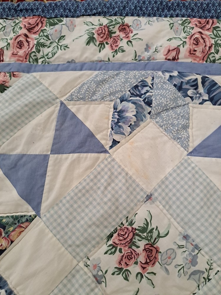 Handmade Star & Floral Pattern Blue Patchwork Quilt