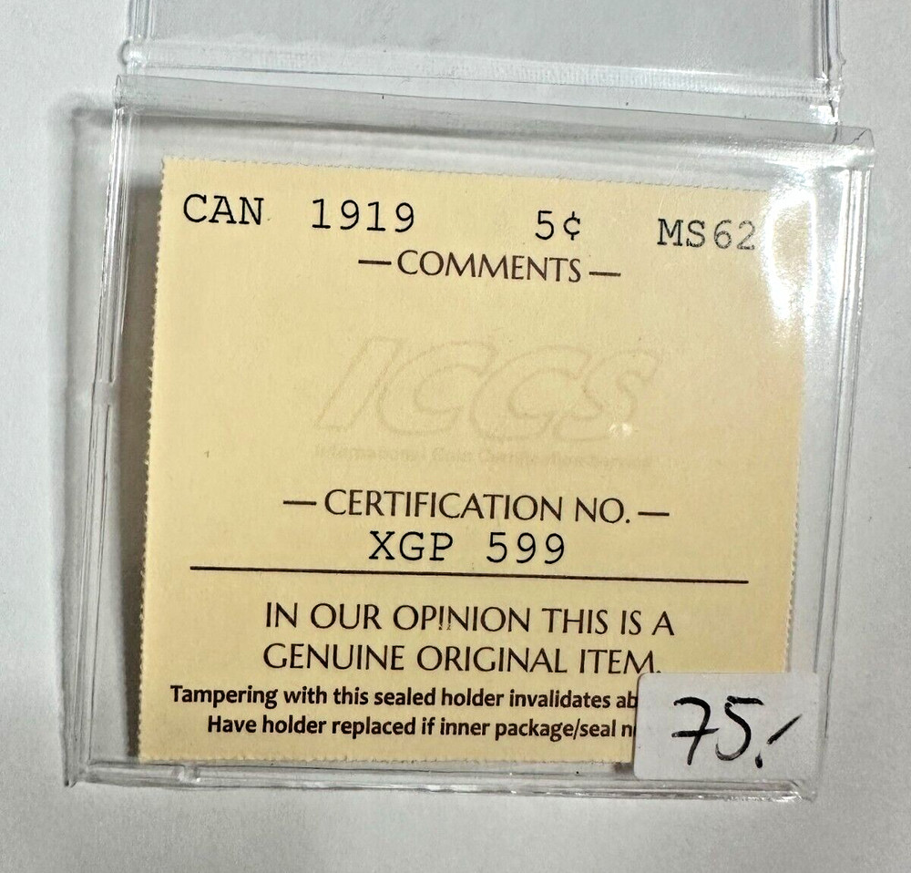 Canada 1919 5 Cent MS62 ICCS Certified