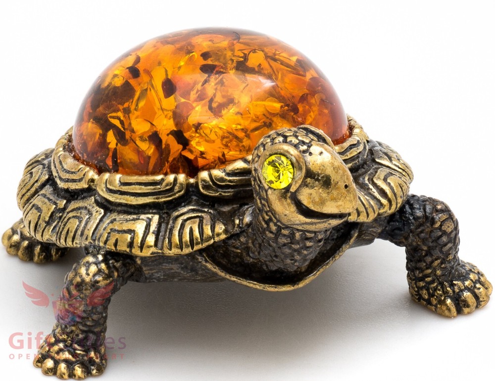 Solid Brass Amber Figurine Tortoise Turtle smiles happily talisman IronWork