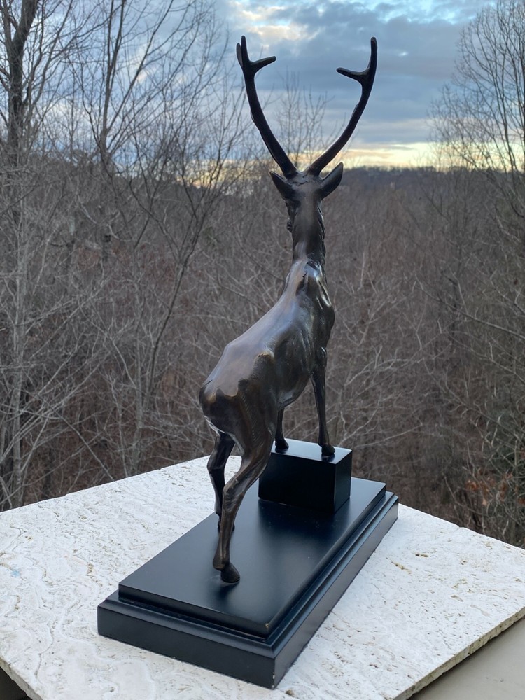 Bronze Deer Buck Complete Rack Antlers Posed On Step Plinth Statue