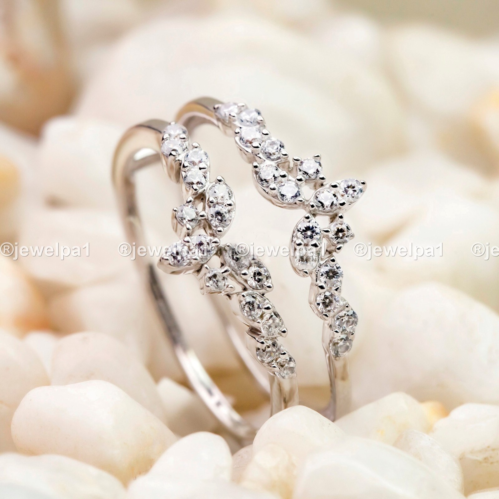 Solid 14K White Gold Moissanite Enhancer Guard Wedding Band Round Cut 1.15 Carat