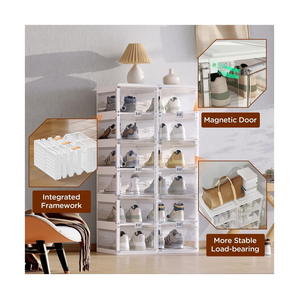 ANTBOX Collapsible Shoe Boxes Clear Plastic Stackable, Quick Setup Drop Front...