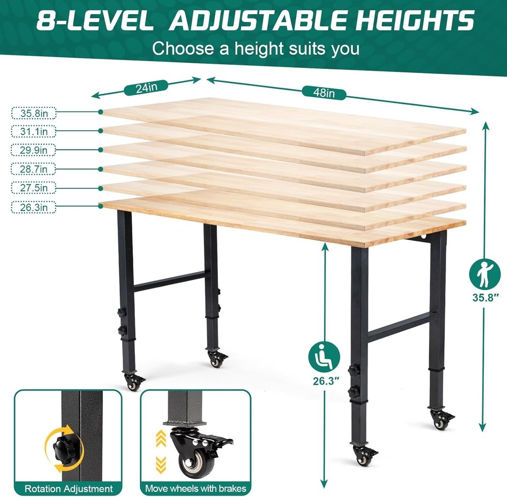 48" Adjustable Height Heavy-Duty Workbench - 2000 lbs Capacity & Lockable Wheels