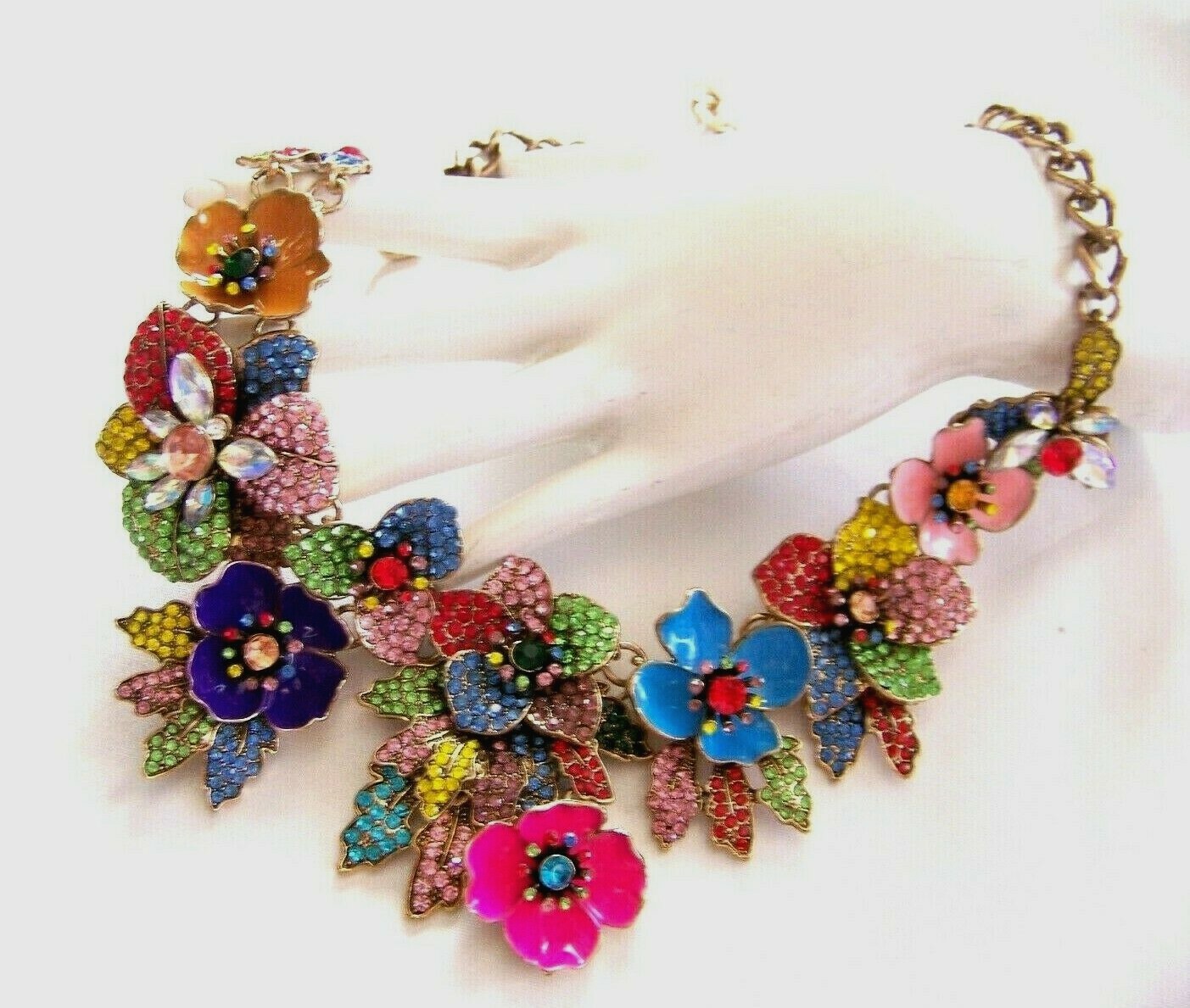 VALENTINE FLORAL BOUQUET VTG Style Pave Rhinestone Enamel Bib Necklace