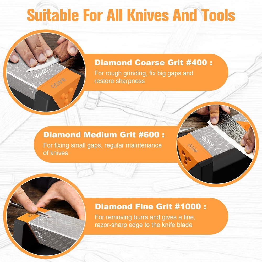 Extra Large Diamond Sharpening Stone Set 3 Side Grit Large, Orange