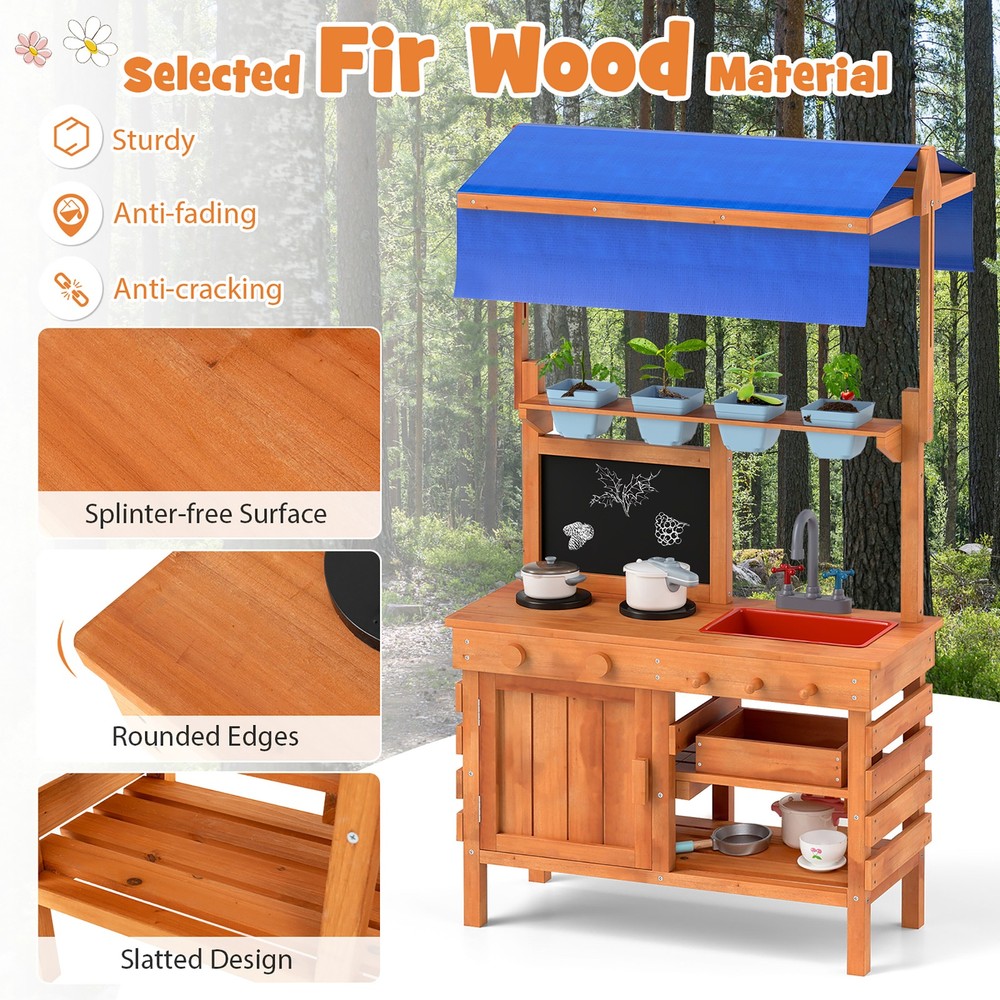 Mud Kitchen Wooden Pretend Play Kitchen w/ Height Adjustable Canopy