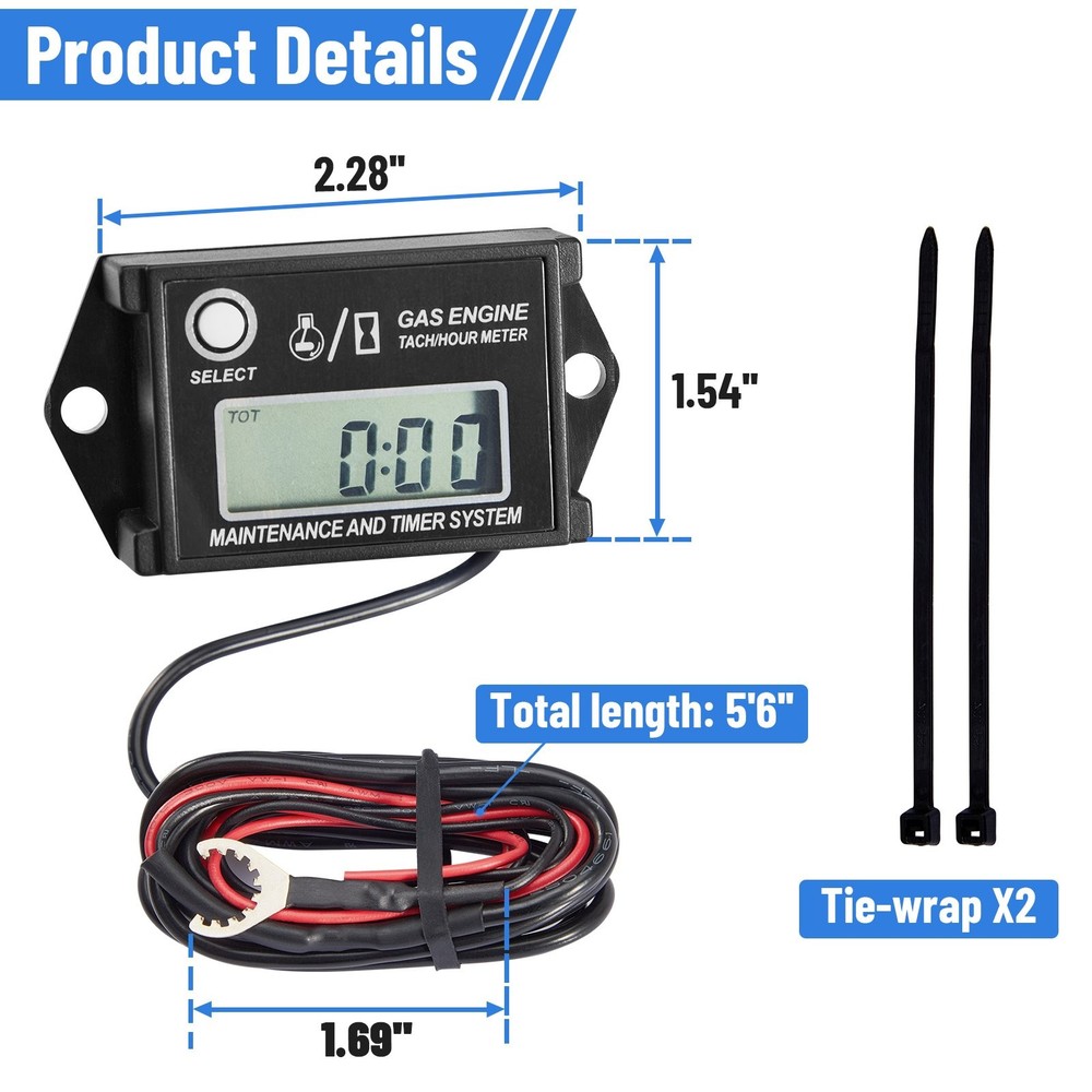 Waterproof IP68 Digital Tiny Tachometer Hour Meter Resettable Job Timer+Battery
