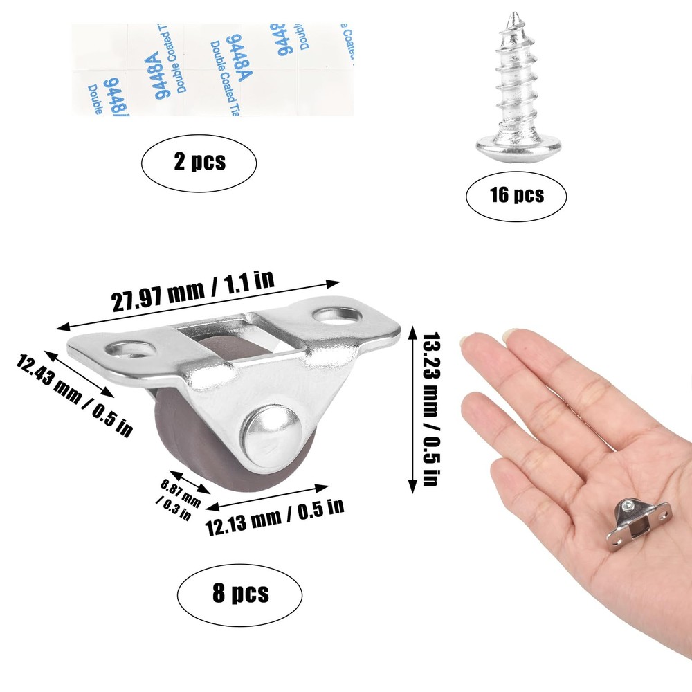 8 Pcs Mini Caster Wheels 0.5 Inch Tiny Casters One Direction Rubber Silver