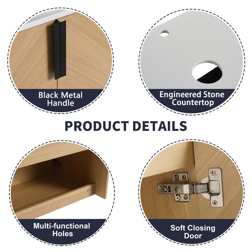 36" Wood Wall-Mounted Bathroom Vanity +Black Ceramic Sink Artificial Stone Slab